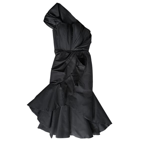 NEW TARIK EDIZ Black Merla Formal Dress Size 4 One Shoulder Ruffle Hem Corset - Picture 11 of 13